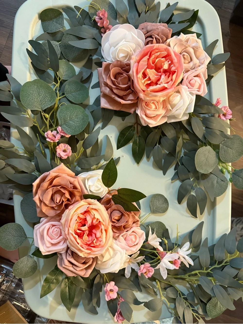Artificial Rose and Eucalyptus Floral Spray - Pink and Cream Accent